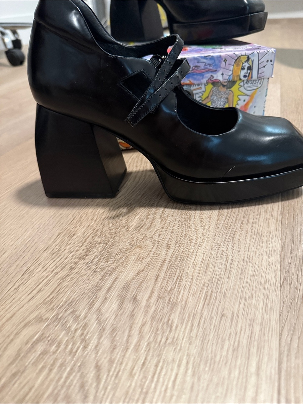Jeffrey Campbell Black Square-Toe Double-Strap Block Heels - Picture 3 of 4
